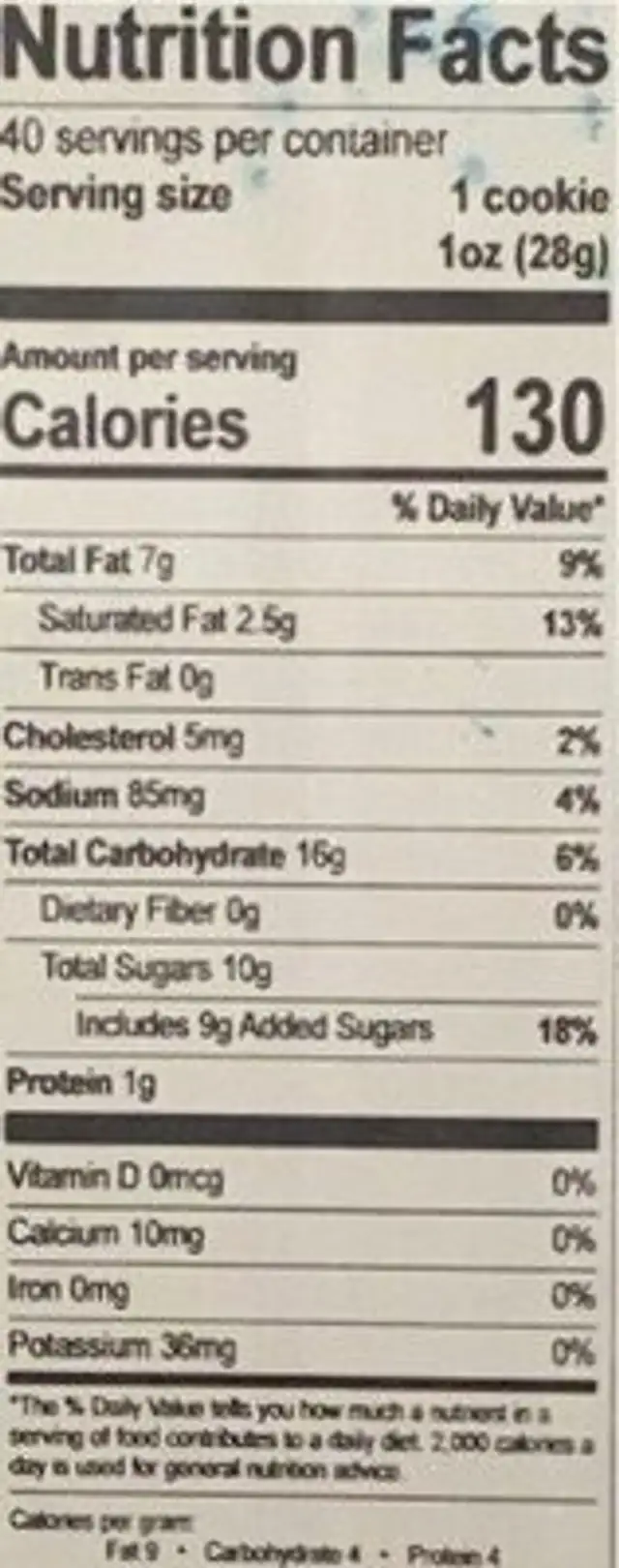Milk Chocolate Chip Cookie nutrition facts table
