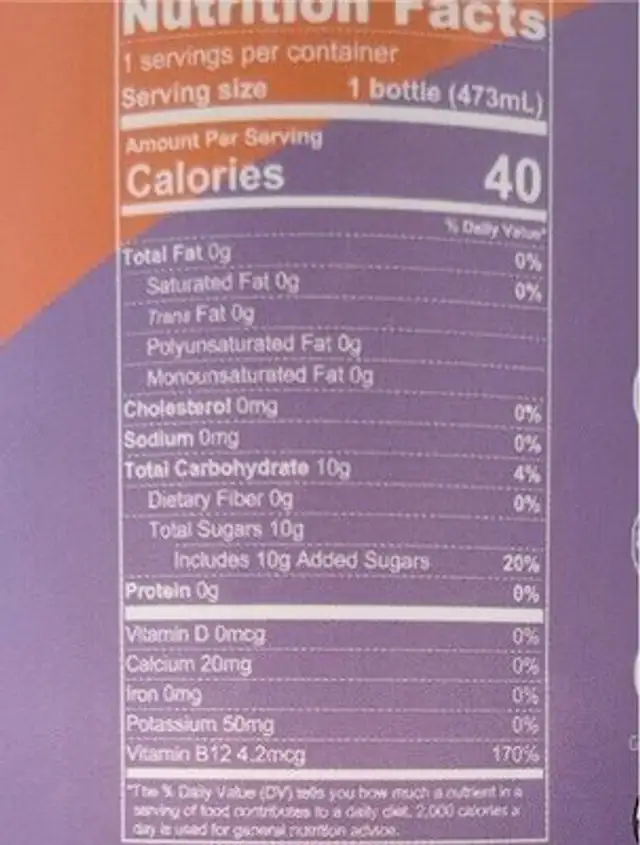 Pilot Kombucha nutrition facts table