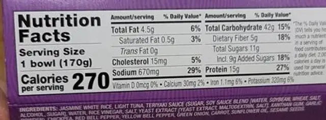 Quick catch tuna bowls nutrition facts table