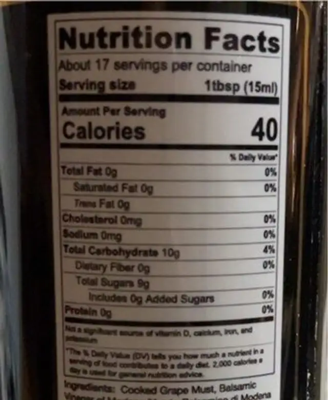 Italian all natural balsamic glaze nutrition facts table