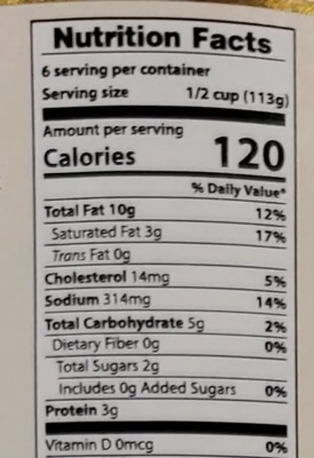 Giusto nutrition facts table