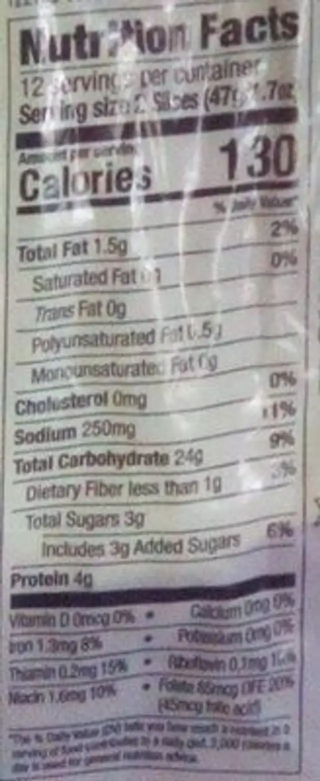 White sandwich bread nutrition facts table