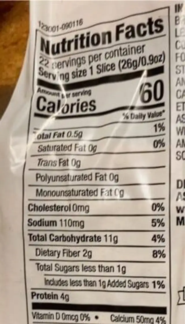 100% whole wheat bread nutrition facts table