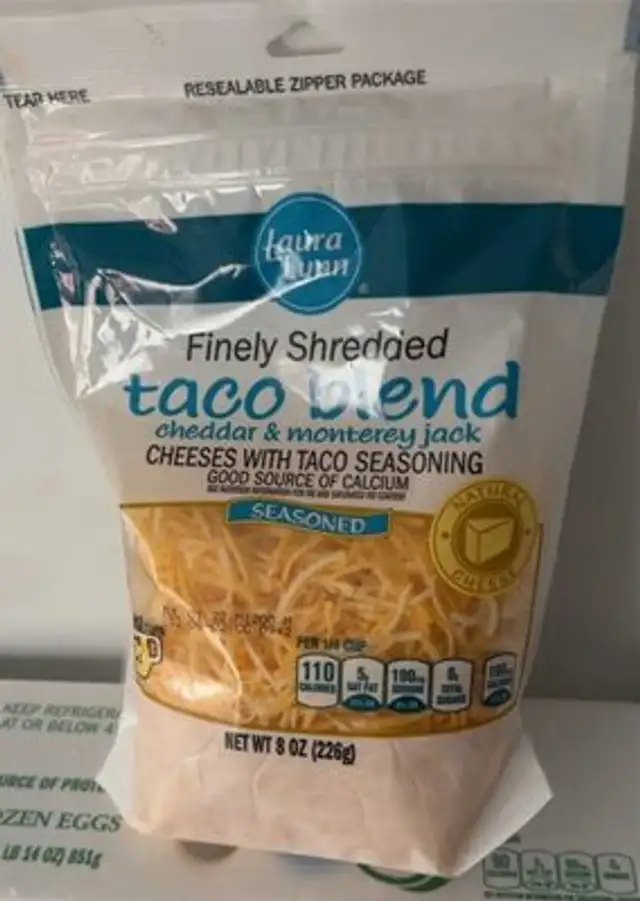 Finely shredded taco blend cheese with taco seasoning