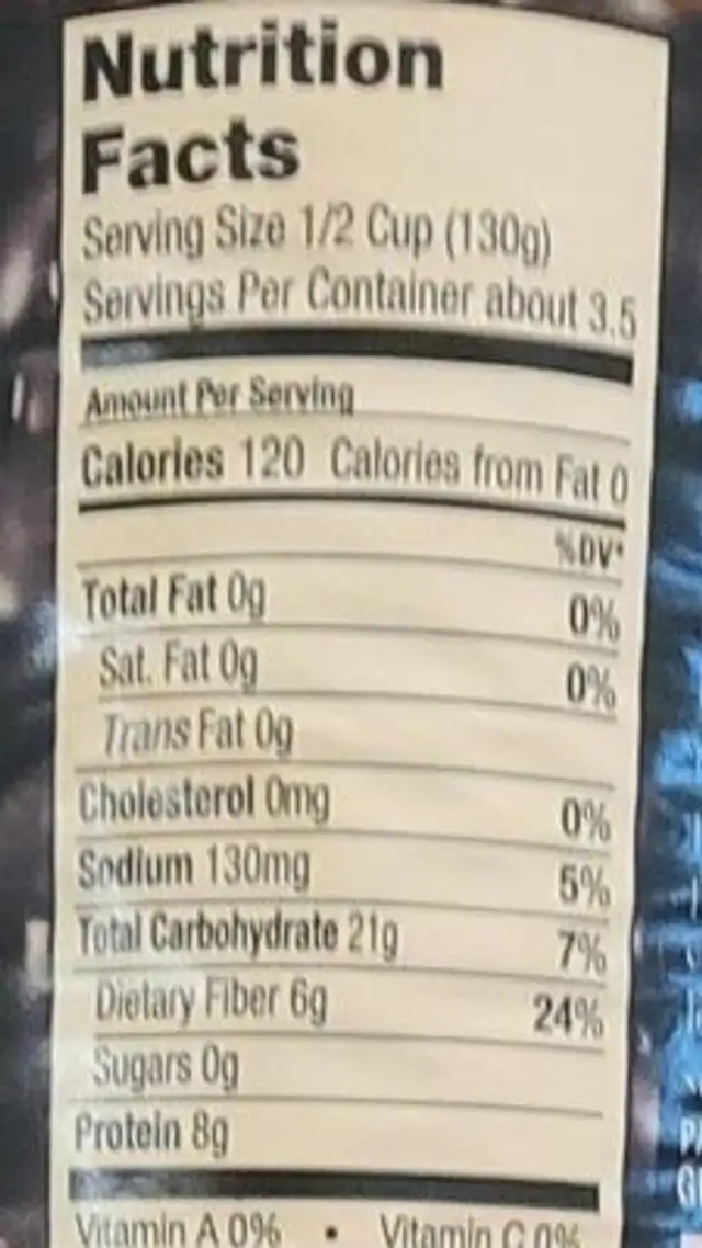 Black beans nutrition facts table