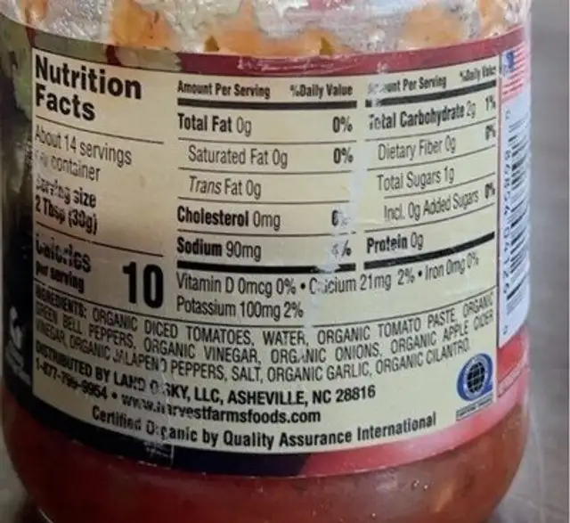Harvest Farms Organic mild salsa nutrition facts table