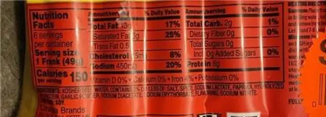Beef Franks nutrition facts table