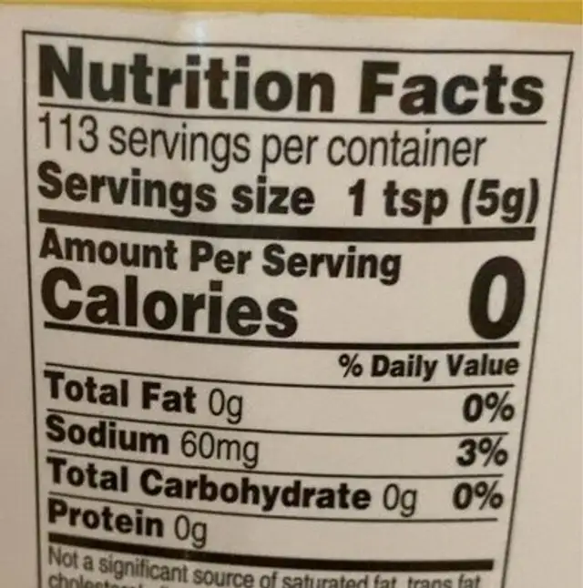 Yellow Mustard nutrition facts table