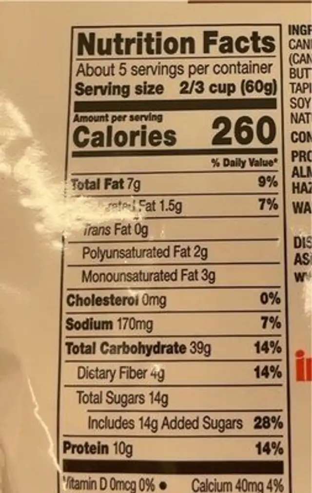 Oat and dark chocolate granola nutrition facts table
