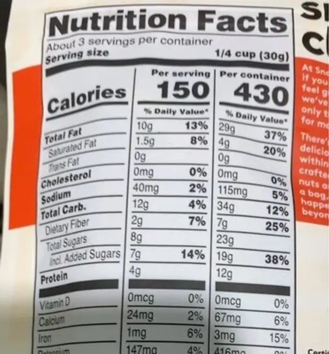 Mega trail mix nutrition facts table