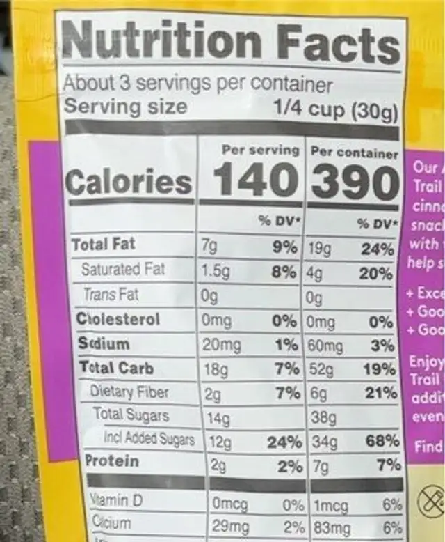 Snakclub Antiox-C Cinnamon oat & yogurt trail mix nutrition facts table