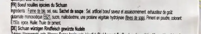 Nouille Sichuan au boeuf ingredients label