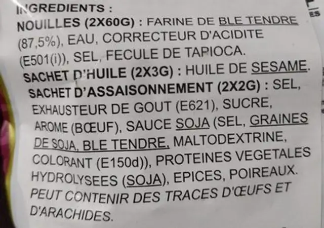 Nouilles fines bœuf ingredients label