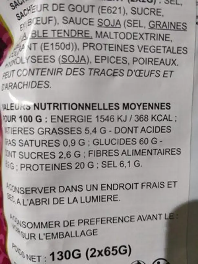 Nouilles fines bœuf nutrition facts table