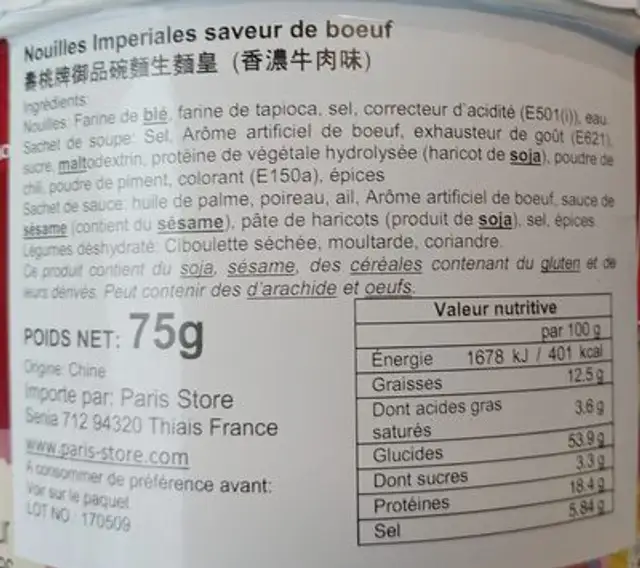 Soupe Boeuf Sau Tao 75G ingredients label