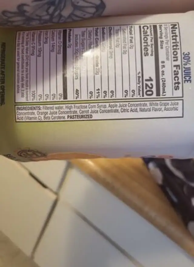 Orange carrot ingredients label