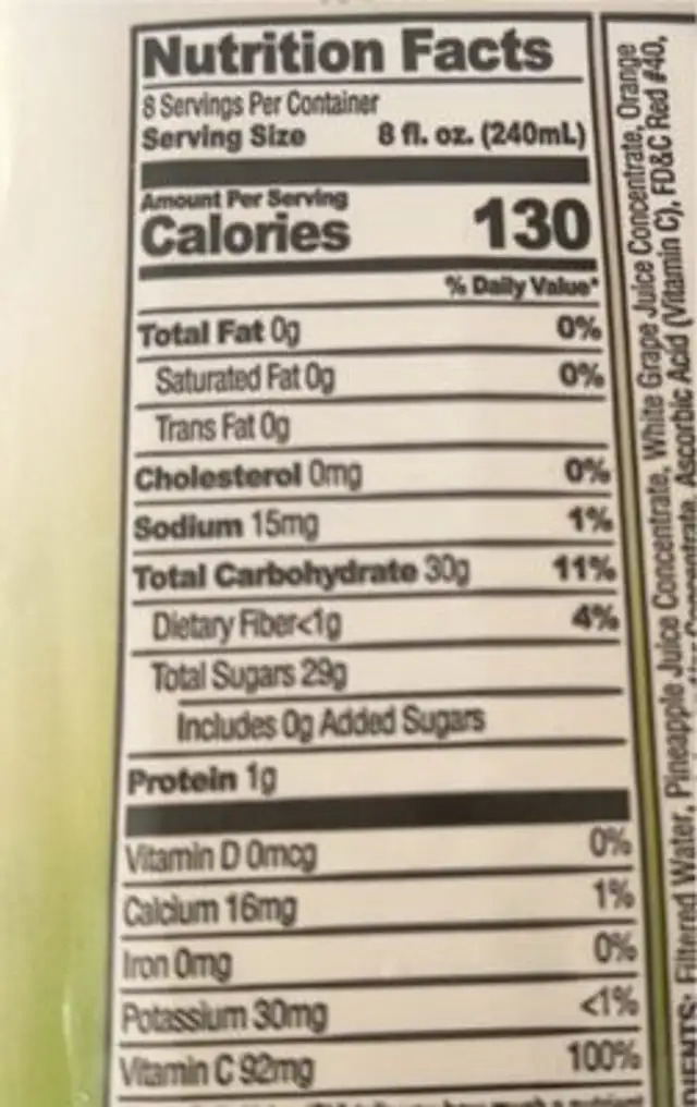 Fruit Punch nutrition facts table