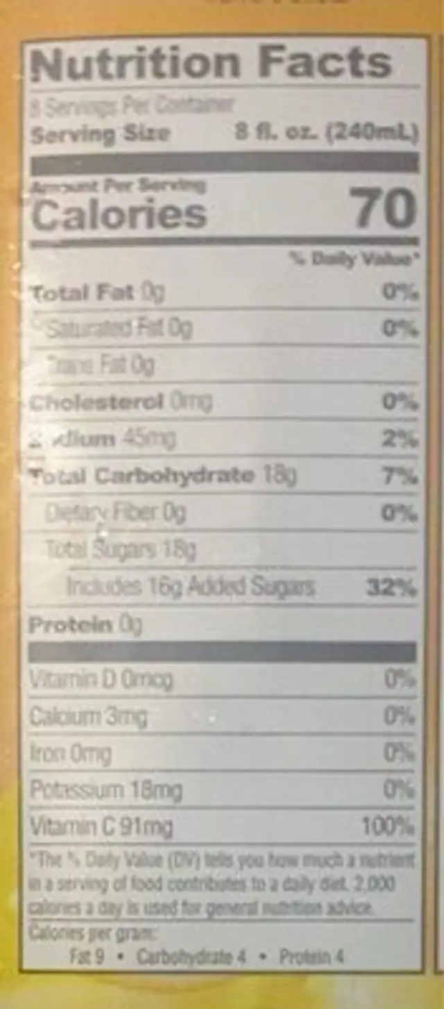 Coctails orangecitrus nutrition facts table