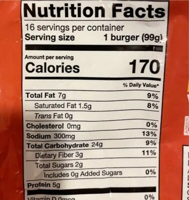 Harvest Blend Veggie Burger nutrition facts table