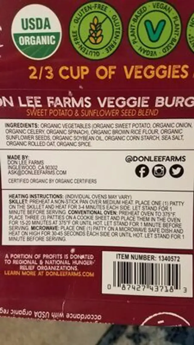 VEGGIE BURGER ingredients label