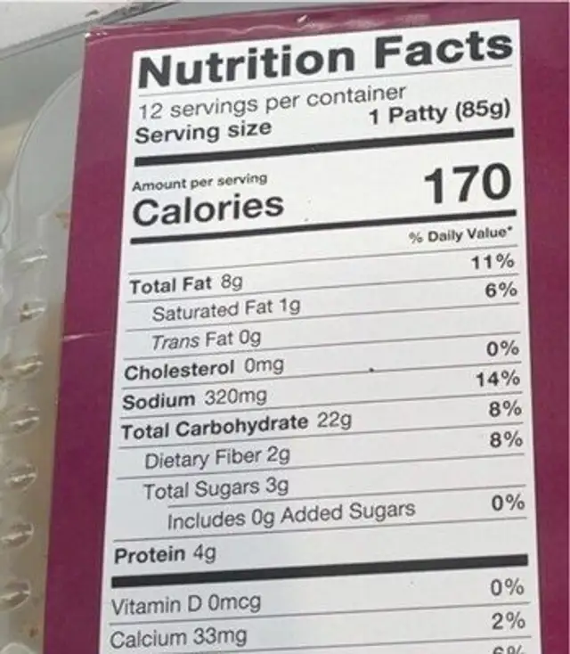 VEGGIE BURGER nutrition facts table