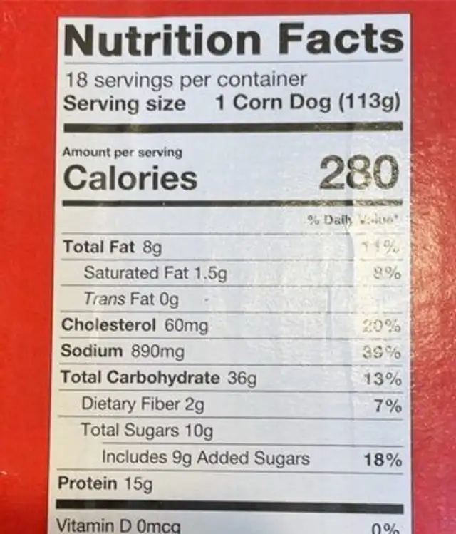 Organic Corn Dog nutrition facts table