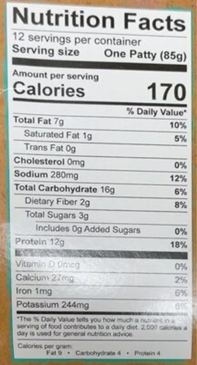 Organic Protein Veggie Burger nutrition facts table