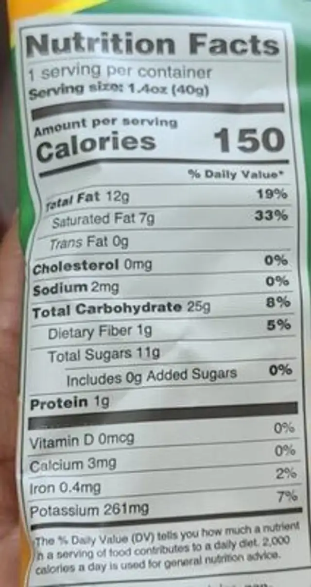Chachitas Ripe Plantain chips with coconut nutrition facts table