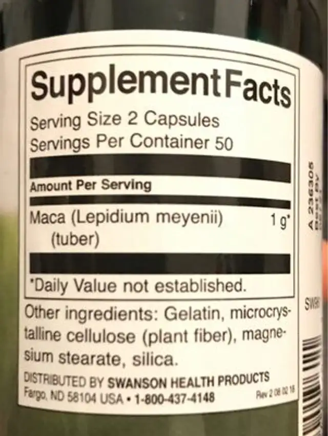 Swanson Maca 500 MG 100 Caps nutrition facts table