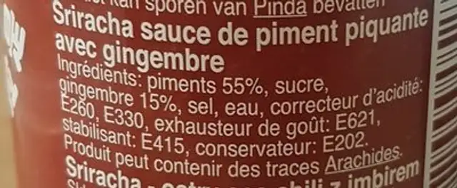 Sriracha Chilisauce Mit Ingwer Scharf 525G Flying Goose Gelb ingredients label