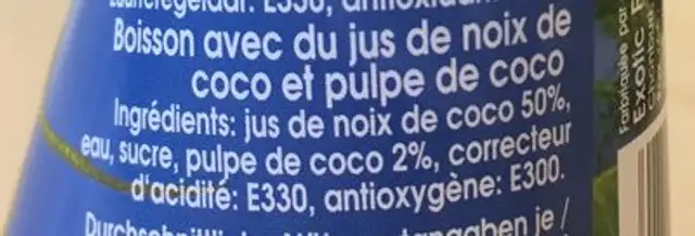 Coconut juice ingredients label