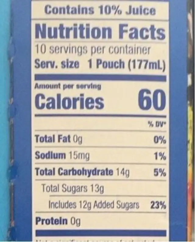 Strawberry juice drink pouches nutrition facts table