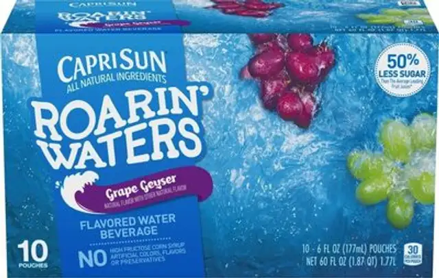 Roarin waters grape juice drink pouches front packaging