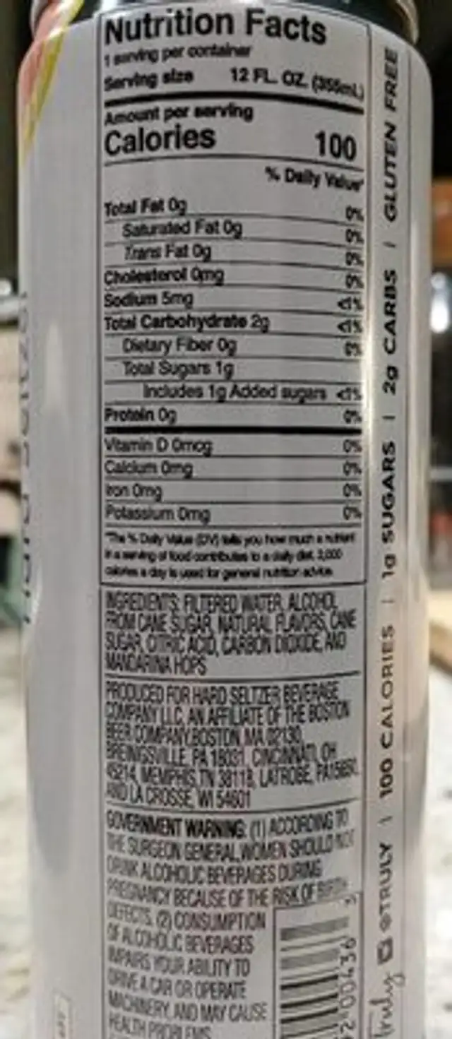 Truly Hard Seltzer Grapefruit nutrition facts table