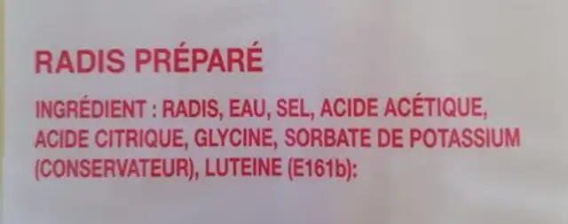 Radis Jaune Marinés (Danmuji) ingredients label