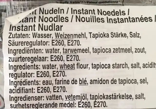 Oriental style noodle ingredients label