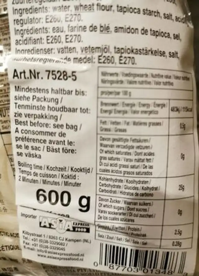 Oriental style noodle nutrition facts table