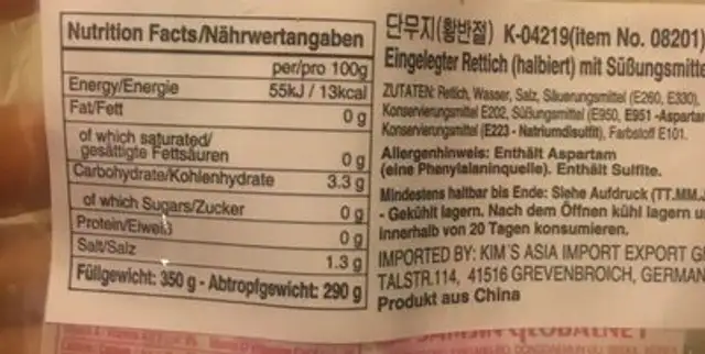 Picked Radish ingredients label