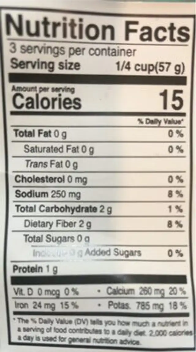 Mixed Sea Vegetables nutrition facts table