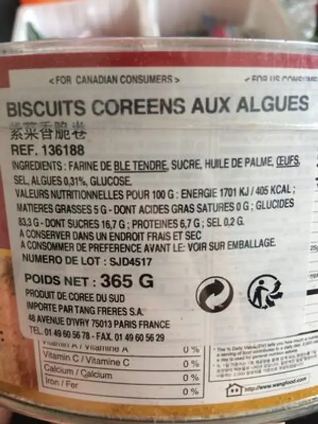 Surasang Korean Roll Cracker D ingredients label