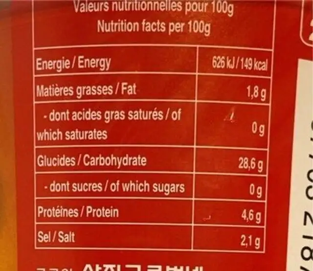 Asian style noodle nutrition facts table