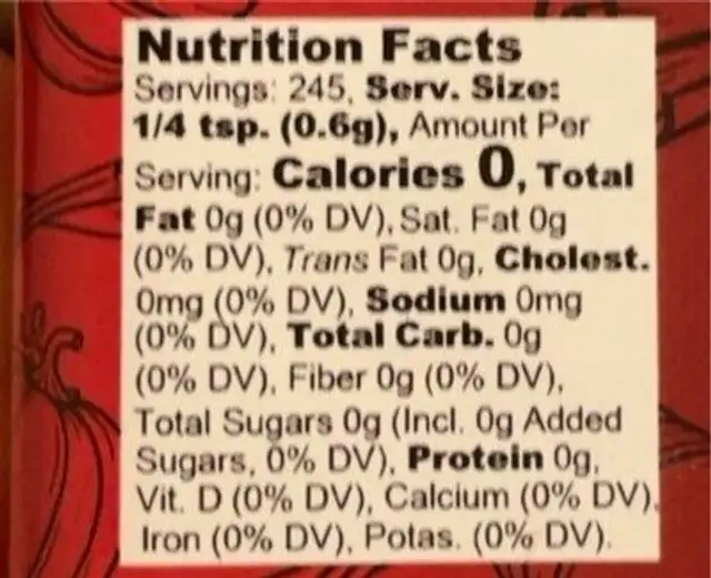 Pumpkin Pie Spice nutrition facts table