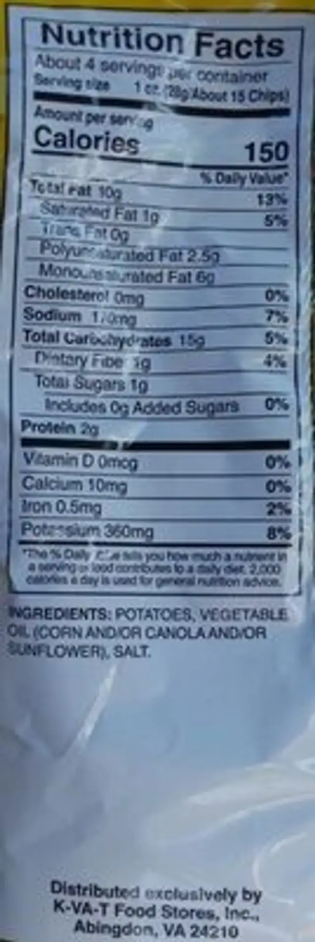 Classic potato chips nutrition facts table