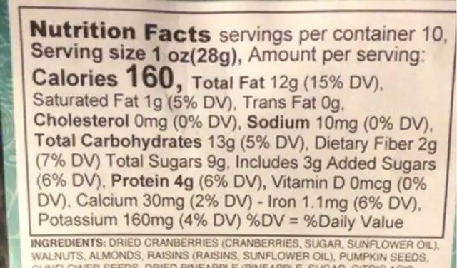 Fruit and Nut Crunch nutrition facts table