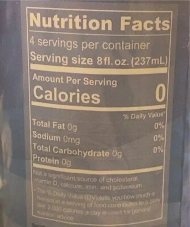 Alkaline Water nutrition facts table