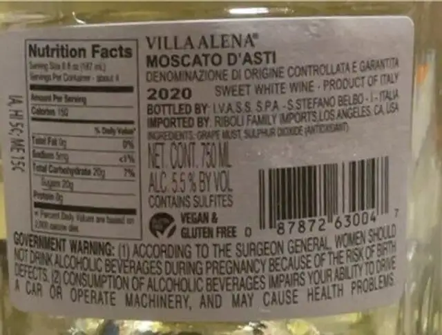 Moscato D’asti nutrition facts table