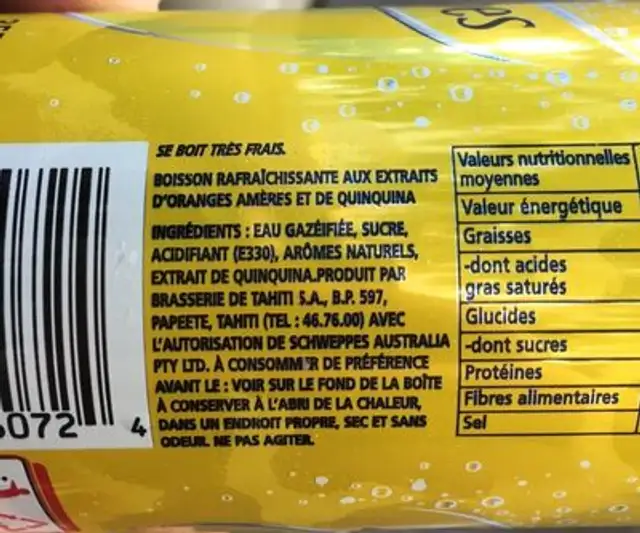 Schweppes ingredients label