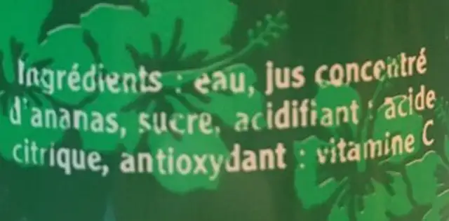 Ananas Queen Tahiti ingredients label