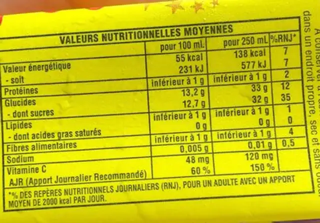 Orange nutrition facts table