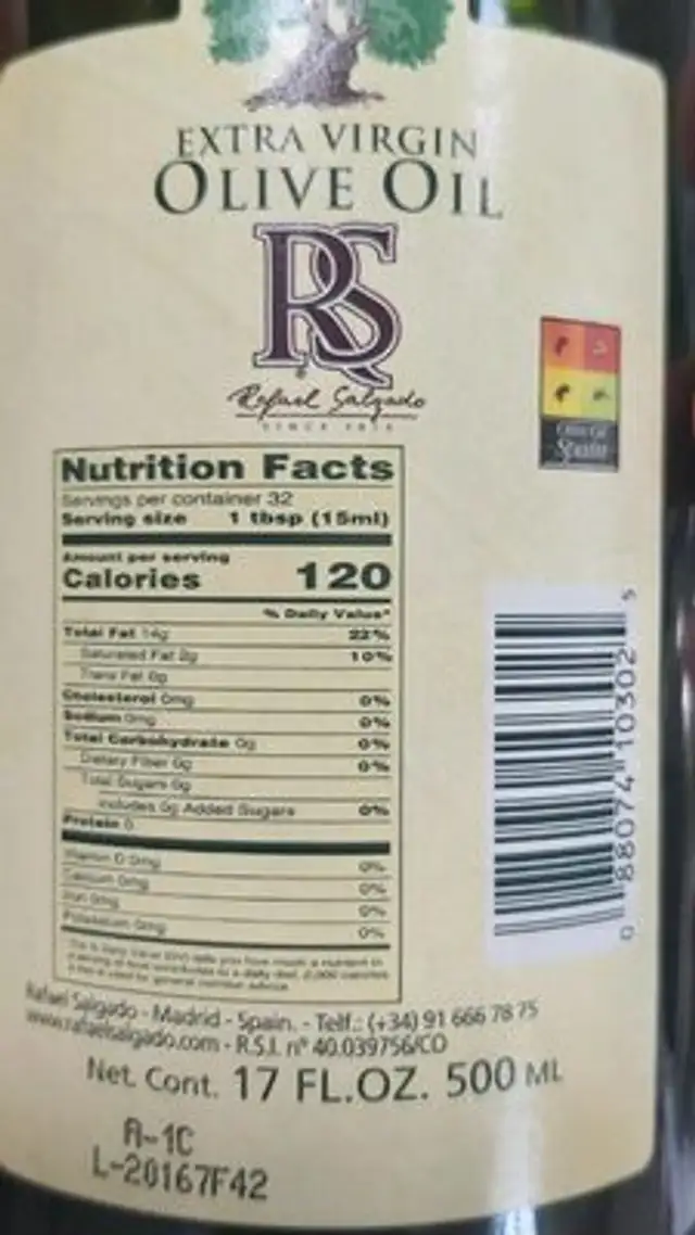 Aceite de oliva virgen extra (primera presión en frío) nutrition facts table